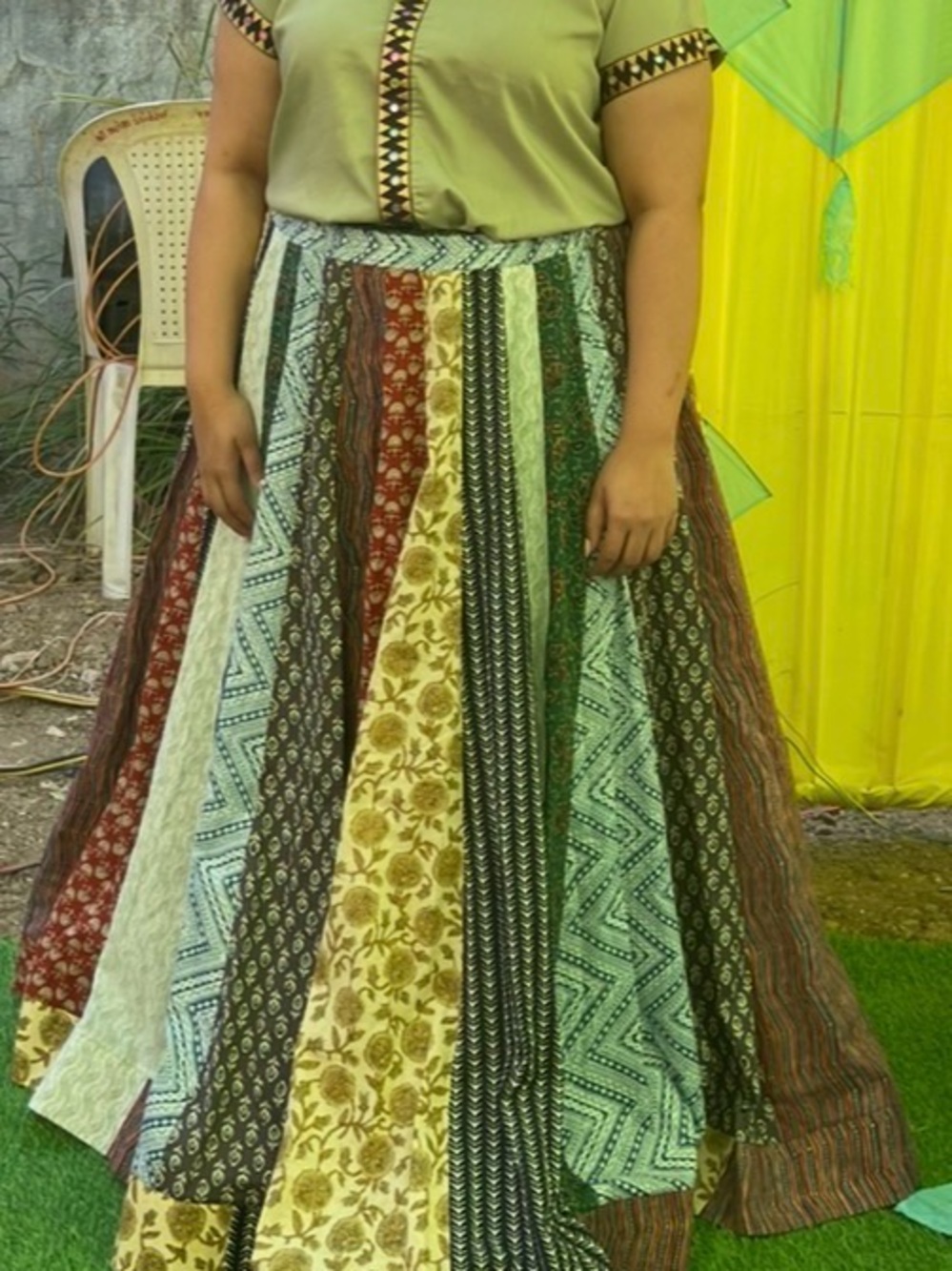 Multi-Panel Printed Maxi Skirt - Green/Tan/Red Multi navratri